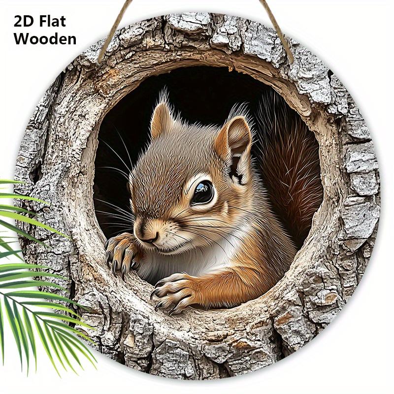 

2D Плоская Ретро Деревянная Табличка с Узором Белки и Дупла Дерева, Уникальная Декоративная Табличка с Круговым Графическим Дизайном 20cm/7.87in серый