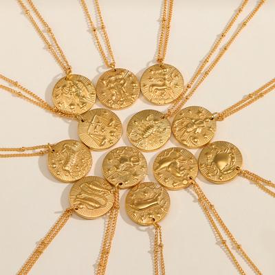 ALTERA Classic 12 Constellations Round Coin Pendant Necklace Stainless Steel Zodiac Necklace for Women Men Zircon Birthday Gift
