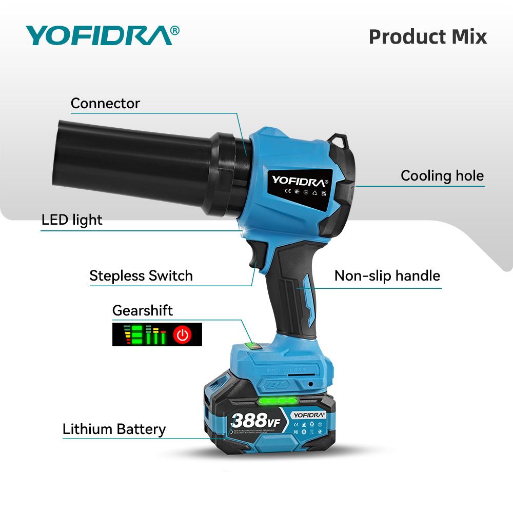 Yofidra 350M/S Brushless Electric Turbo Fan Blower 3000W Cordless Jet Snow Leaf Dust Air Blowing Tool for Makita 18V Battery
