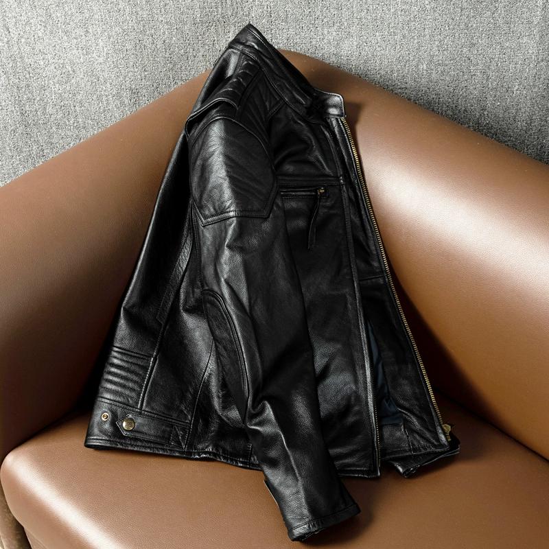 Genuine Leather Motorcycle Jacket Mens Biker Coat Real Cowhide Outerwear