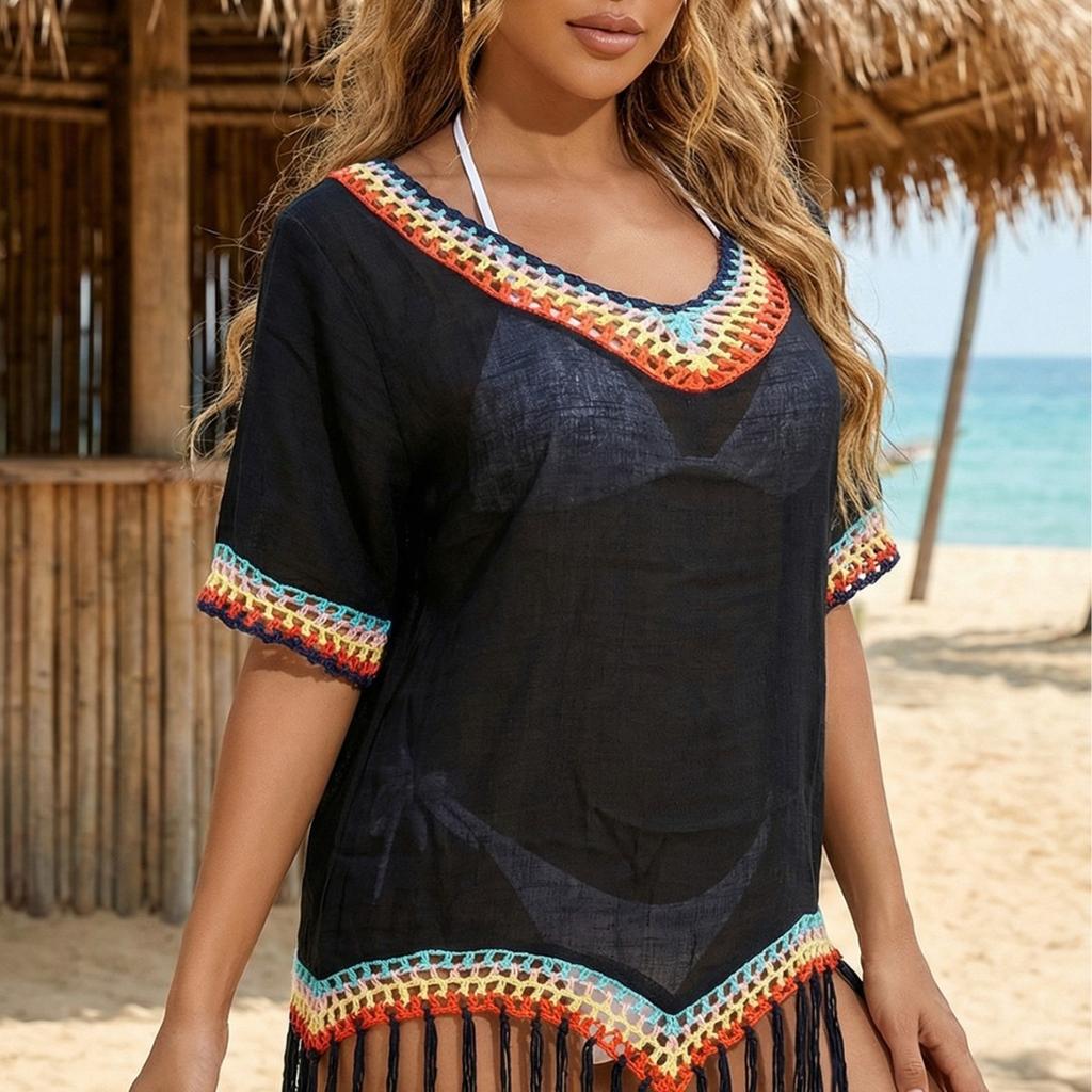 Spring and Summer New Product: Blouse with Spliced Fringe Beach Sunscreen Shirt, Simple and Versatile Beach Sunscreen Blouse for Women