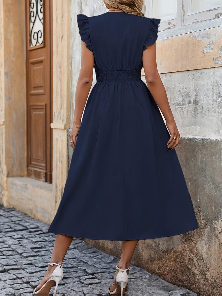 Elegant Wood Ear Sleeves Waistline Solid Color Dress for Women