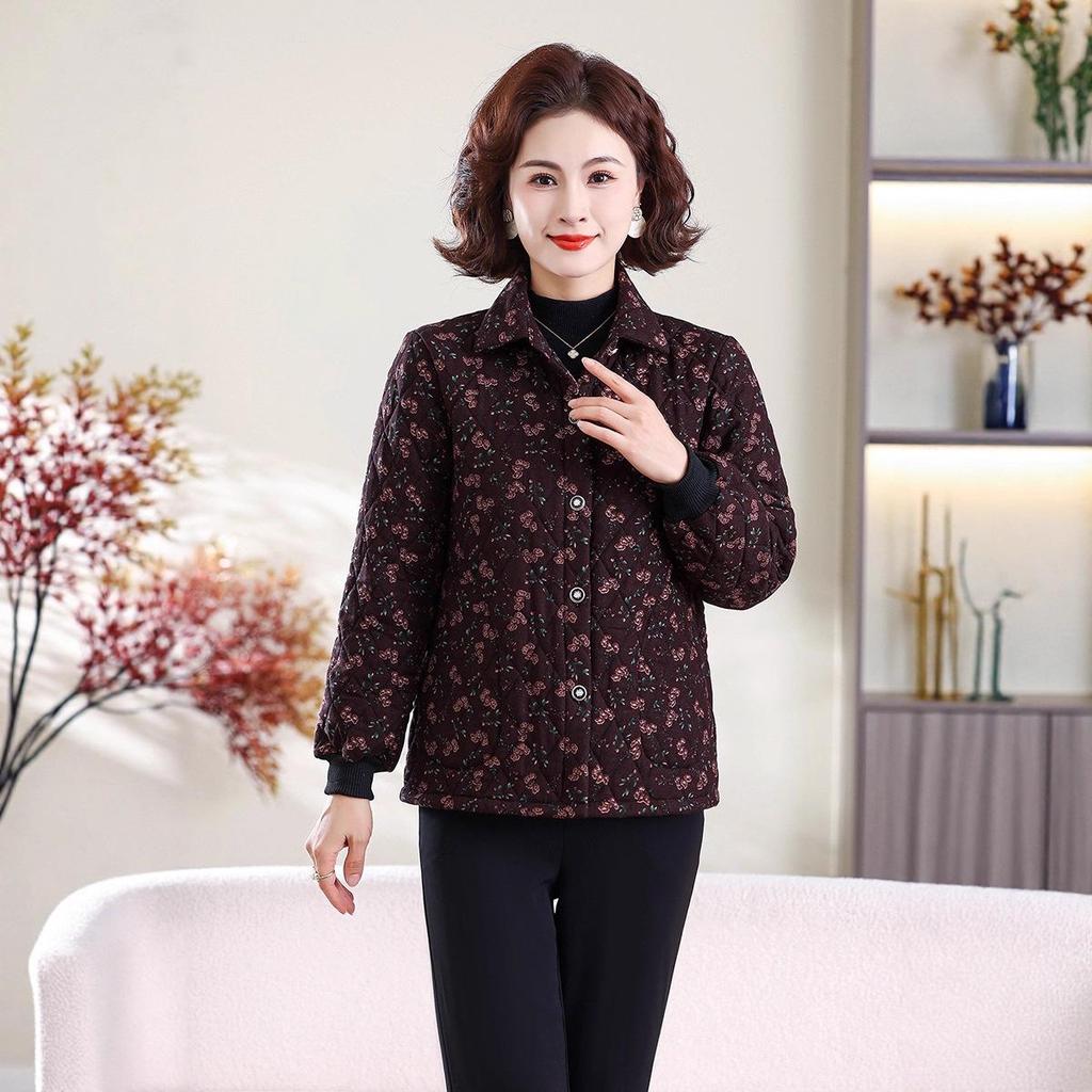 Mom's Chic Cotton Floral Shirt Jacket - Autumn/Winter Casual Style for Middle-Aged Women