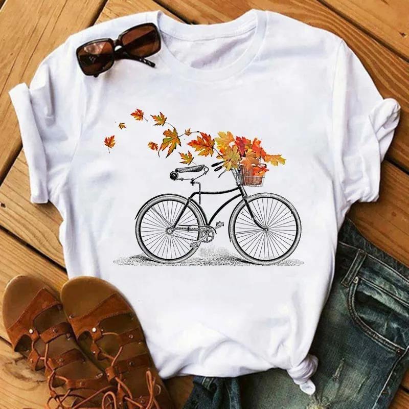 Bicycle Flower Print Tshirt Short Sleeve Round Neck Womens Dress Tops Graphic T Shirts Aesthetic Aesthetic Clothes Kawaii