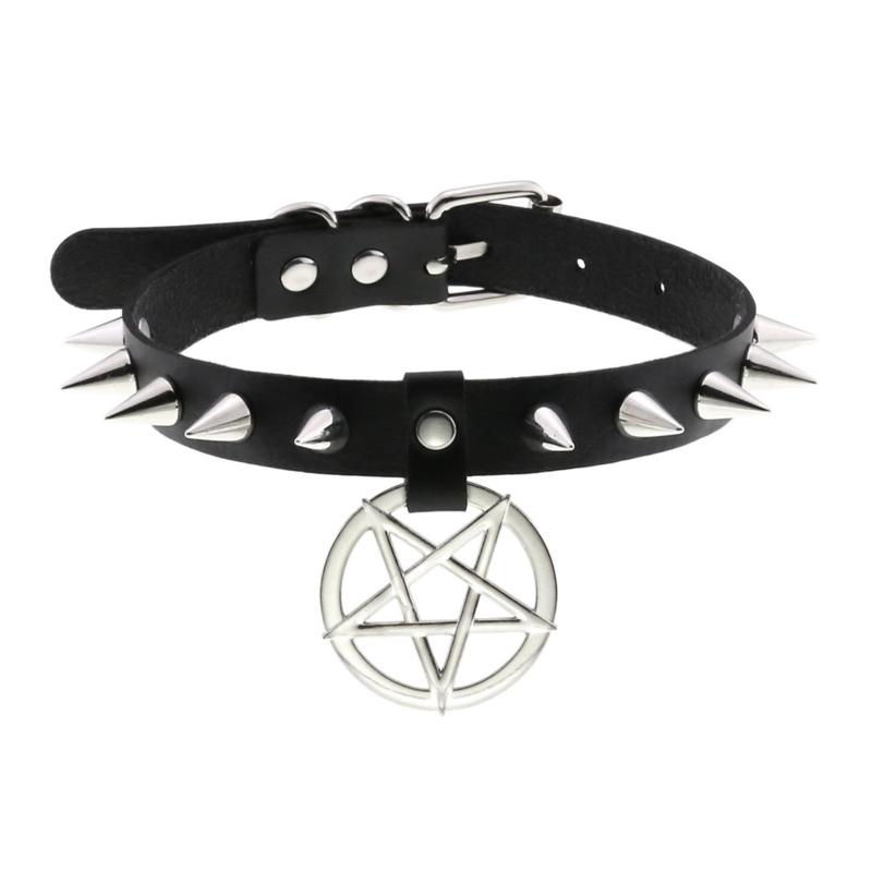

Spiked Choker Necklace PU Leather Goth Choker Collar with Pentagrams Pendant Punk Rock Collar Adjustable for Women Men 1