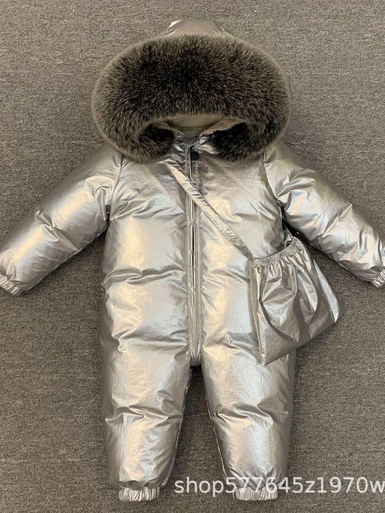 Winter Thick One-Piece Down Jacket for Infants with Real Fur Collar