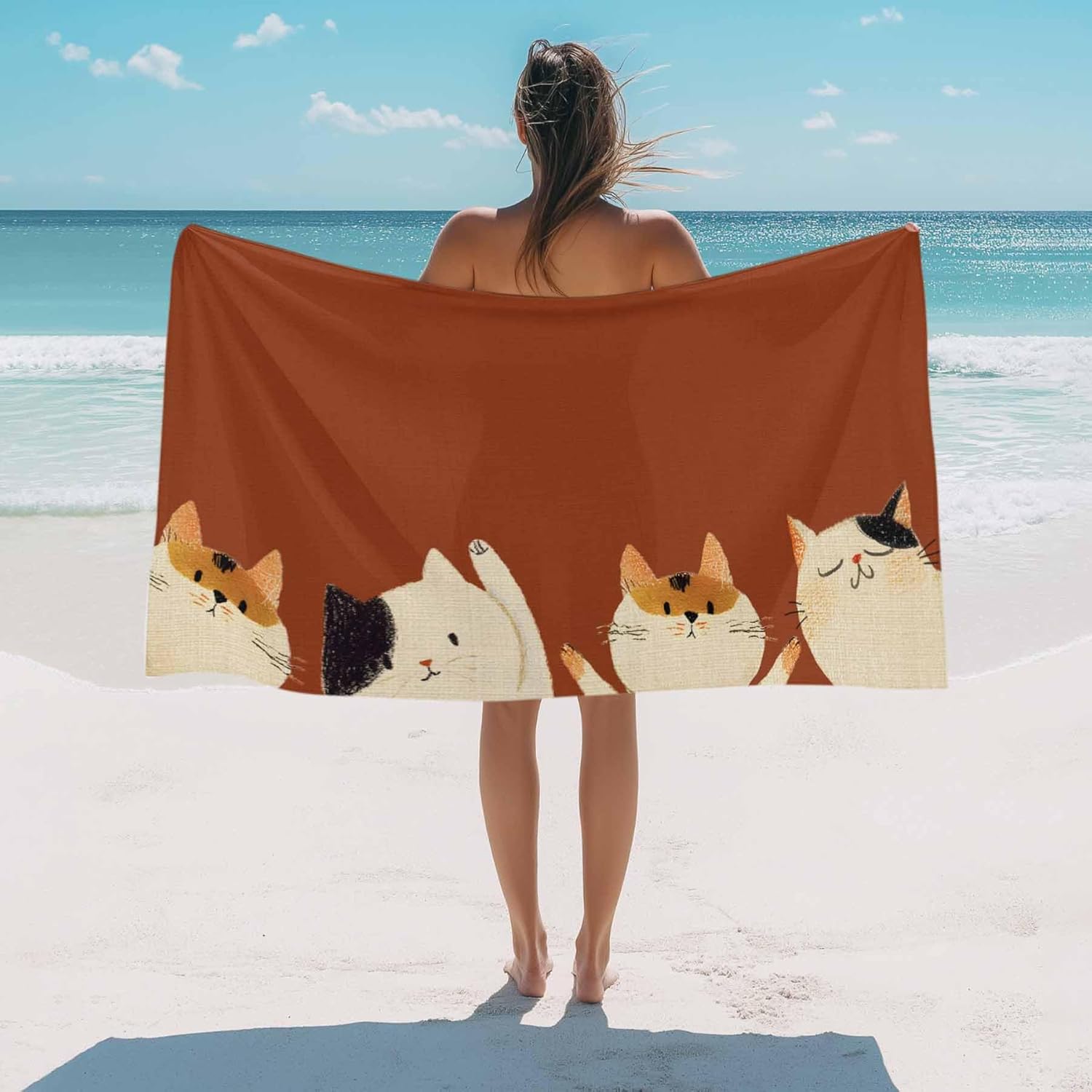 

Watercolor Kitty on Orange Beach Towel, Cute Cats Quick Dry Absorbent, Oversized Sand Free Lightweight Travel Pool Blanket Mat W40*H60(CM)