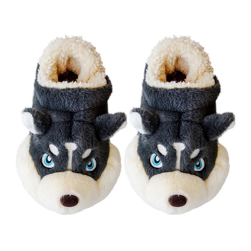 Men's Winter Cartoon Husky Cotton Slippers - Indoor Warm Plush Furry Heel for Couples