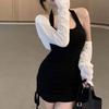 Fashion Design Sense Splicing Neck Dress Women's Summer Spice Girl Style Sexy Slim and Thin Versatile Hip Wrap Skirt