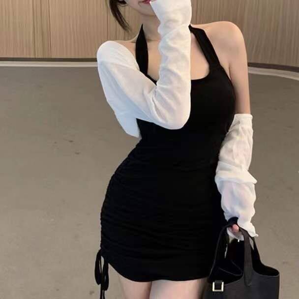 Fashion Design Sense Splicing Neck Dress Women's Summer Spice Girl Style Sexy Slim and Thin Versatile Hip Wrap Skirt