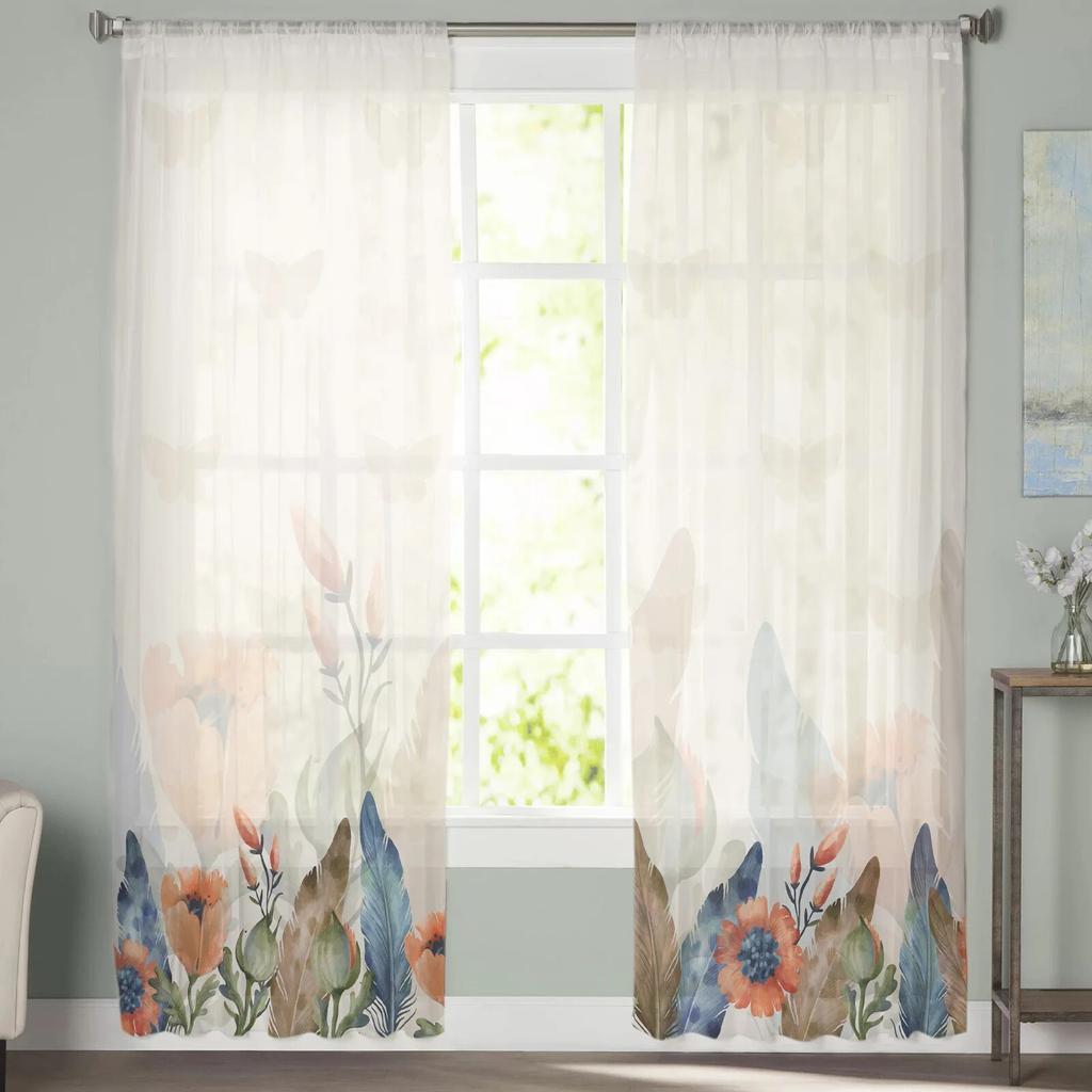 Höstblomma Fjäder Fjäril Skira Gardiner För Vardagsrum Sovrum Heminredning Kök Tyll För Fönster Voile Draperier