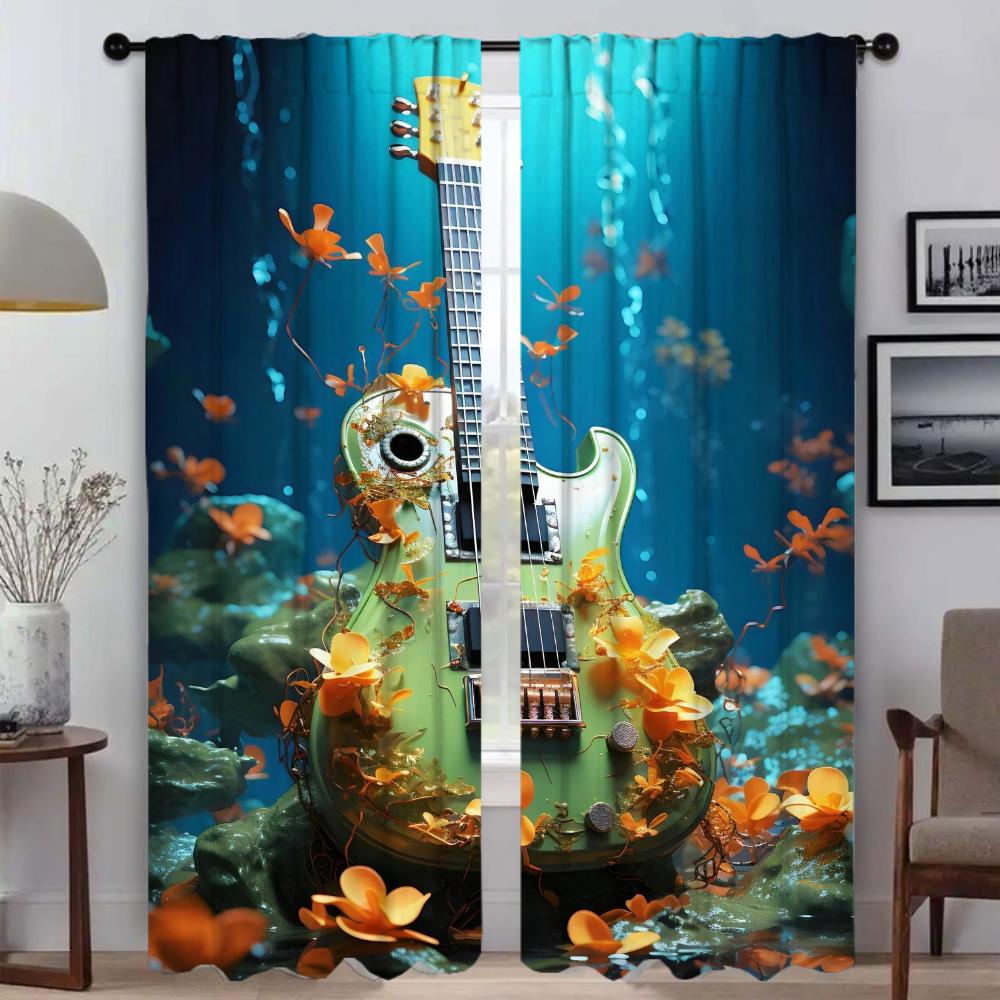 Antique Guitar Curtain Room Panel Curtains Bedroom Home Interior Halloween Decoration Shades Blinds Darkening Polyester Ideal For Master
