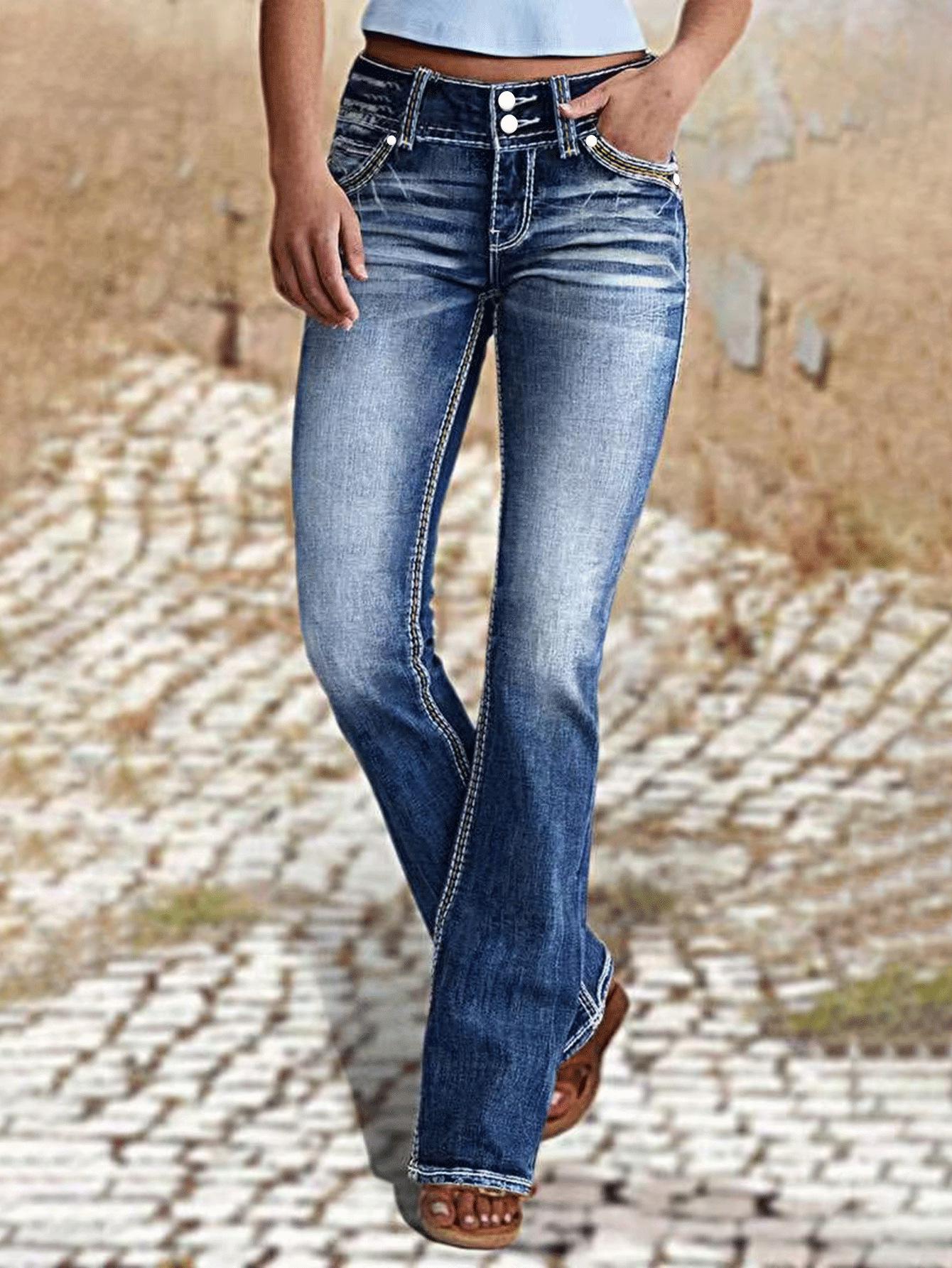 Women s Mid-Rise Stretch Washed Denim Jeans - Simple Slim Fit Micro-Flare Pants XL синий