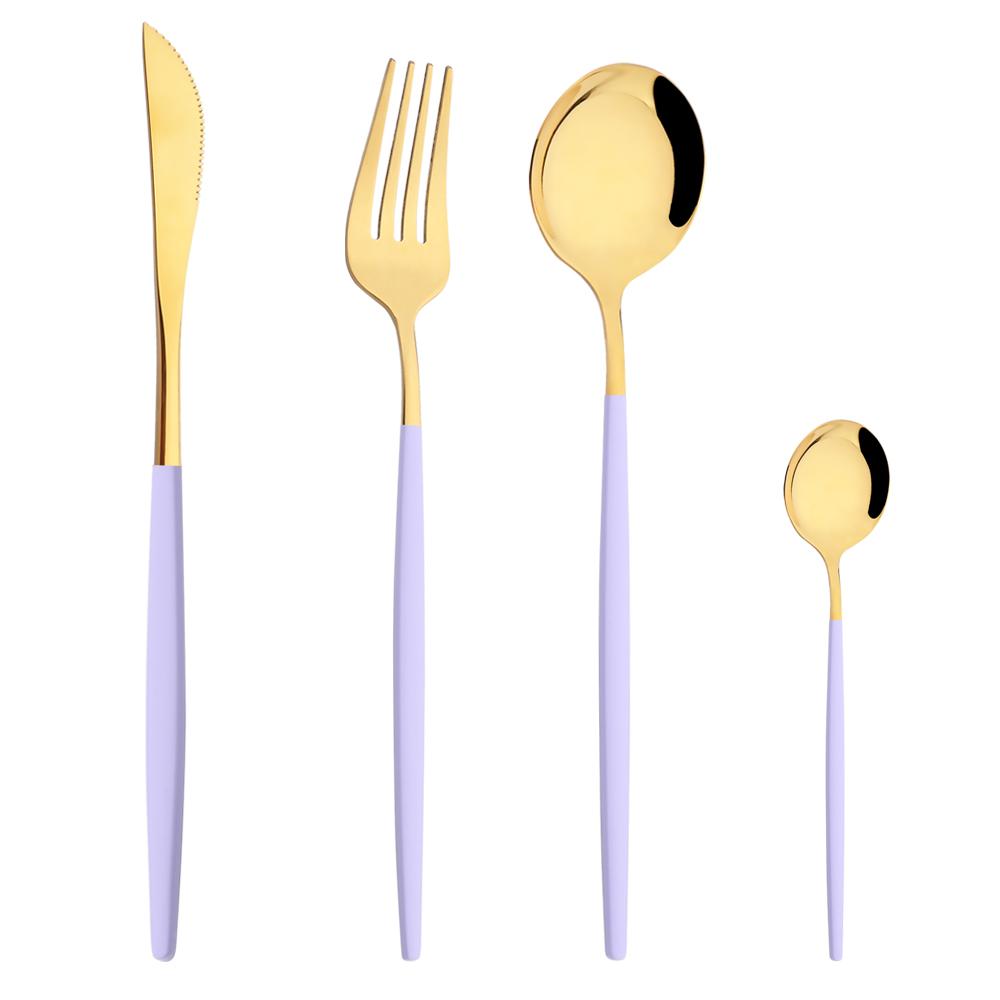 Western Purple Silver Tableware New Dinnerware Set 4Pcs Stainless Steel Kitchen Knife Fork Spoon Complete Cutlery Flatware Set