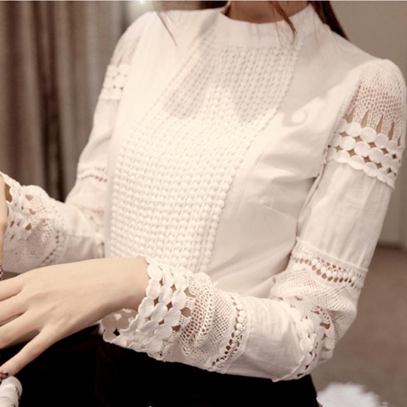 Sweet Women Hollow Out Lace Tops With Casual Long Sleeve Design And Elegant Collar Standing