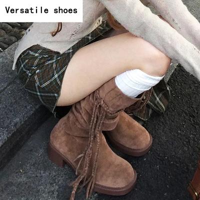 Vintage Tassels Women Western Knee-High Boots Fashion Slip On Shoes Autumn Winter Thick Heel Ladies Knight Long Booties