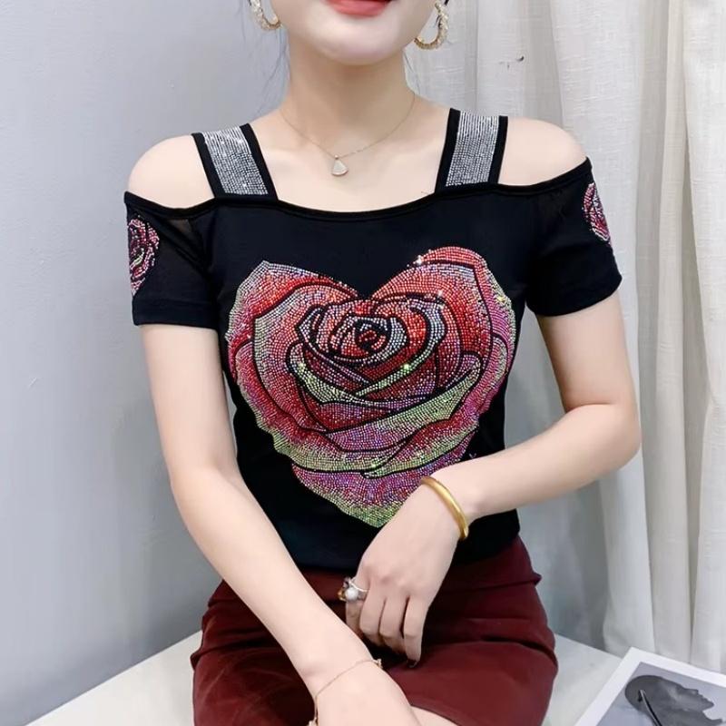 TrendHub Sexy Off Shoulder T Shirt for Women Luxury Flower Diamonds Short Sleeve Tee Summer Fashion Womens Mesh Tee Shirts Top