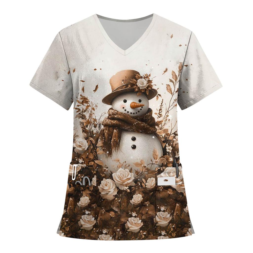Women's Fashion Printed Short Sleeve V Neck Pattern Tops Pocket Working T-shirts
