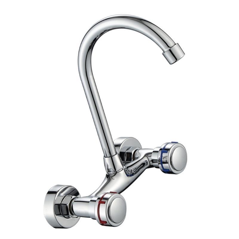  360 Rotate Wall Mounted Kitchen Faucet Double Handle Operation Strong Brass Construction Hot Cold Water Control