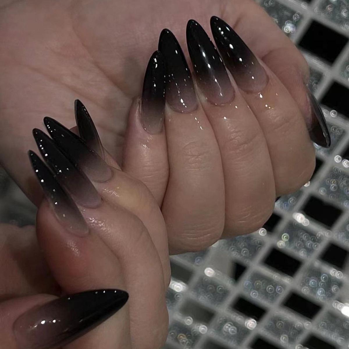 Black French Gradient Halloween Reusable Short Almond Nails Glue Edition