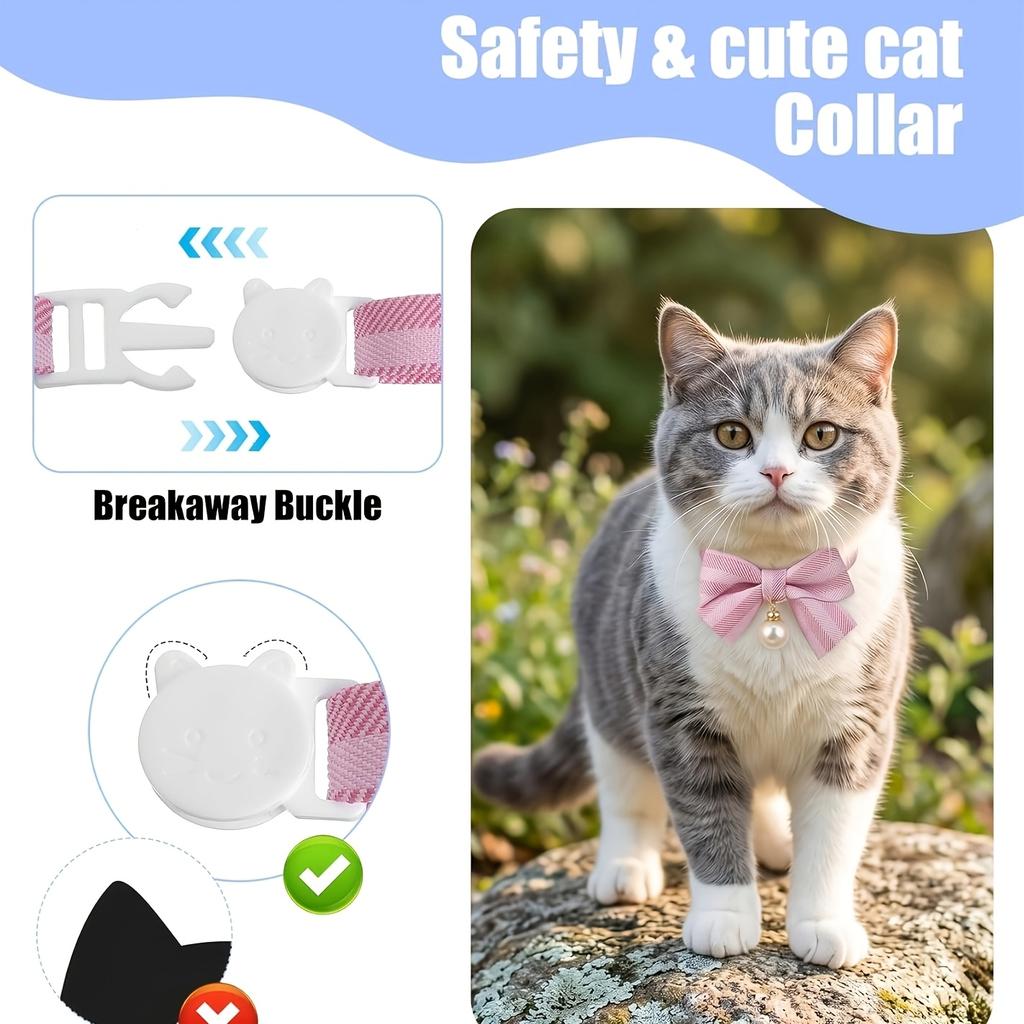 1Pc Breakaway Cat Bowtie Collar, Pearl Decor Pink Blue Bow Collar for Cats and Small Dogs Safety Pet Neck Accessory