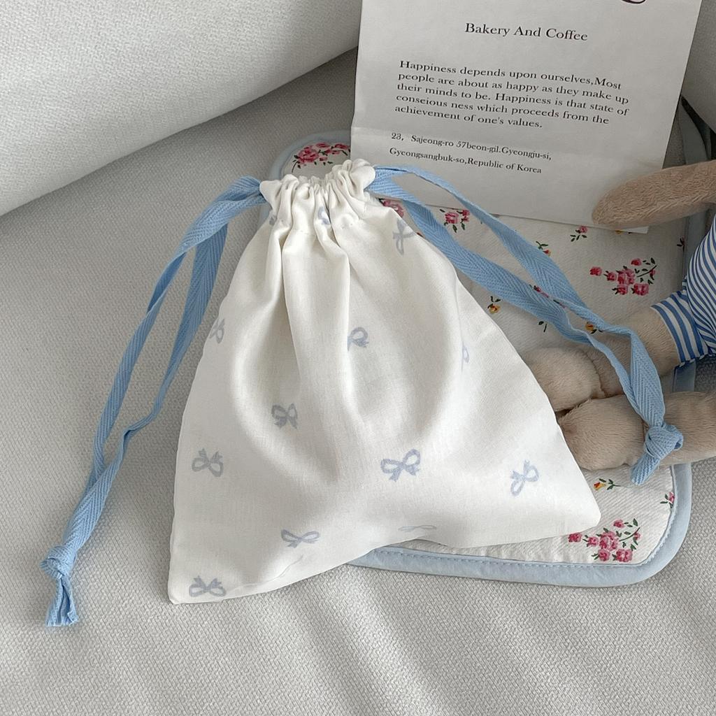 Sweet Bow Print Women's Storage Bag Cute College Girls Canvas Drawstring Bags Simple Female Portable Travel Makeup Case Handbags