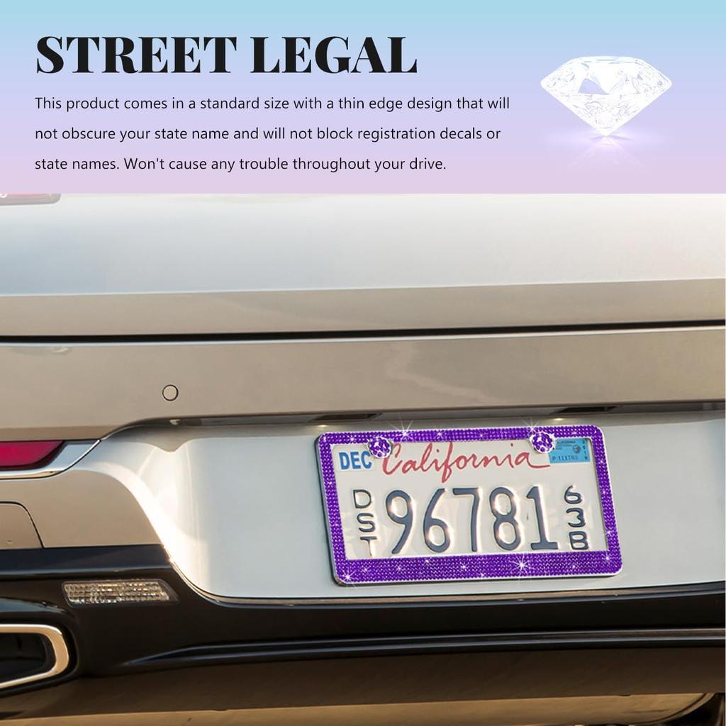 Bling License Plate Frame, Sparkly Rhinestone Car Tag Cover with Glittery Screw Caps, Stainless Steel Handcrafted Crystal Licence Plate Holder for