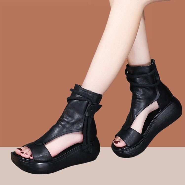 Retro Soft Leather Wedge Heel Platform Sandals New Summer Soft Sole High Top Heightening Muffin Bottom Fish Mouth Roman Shoes
