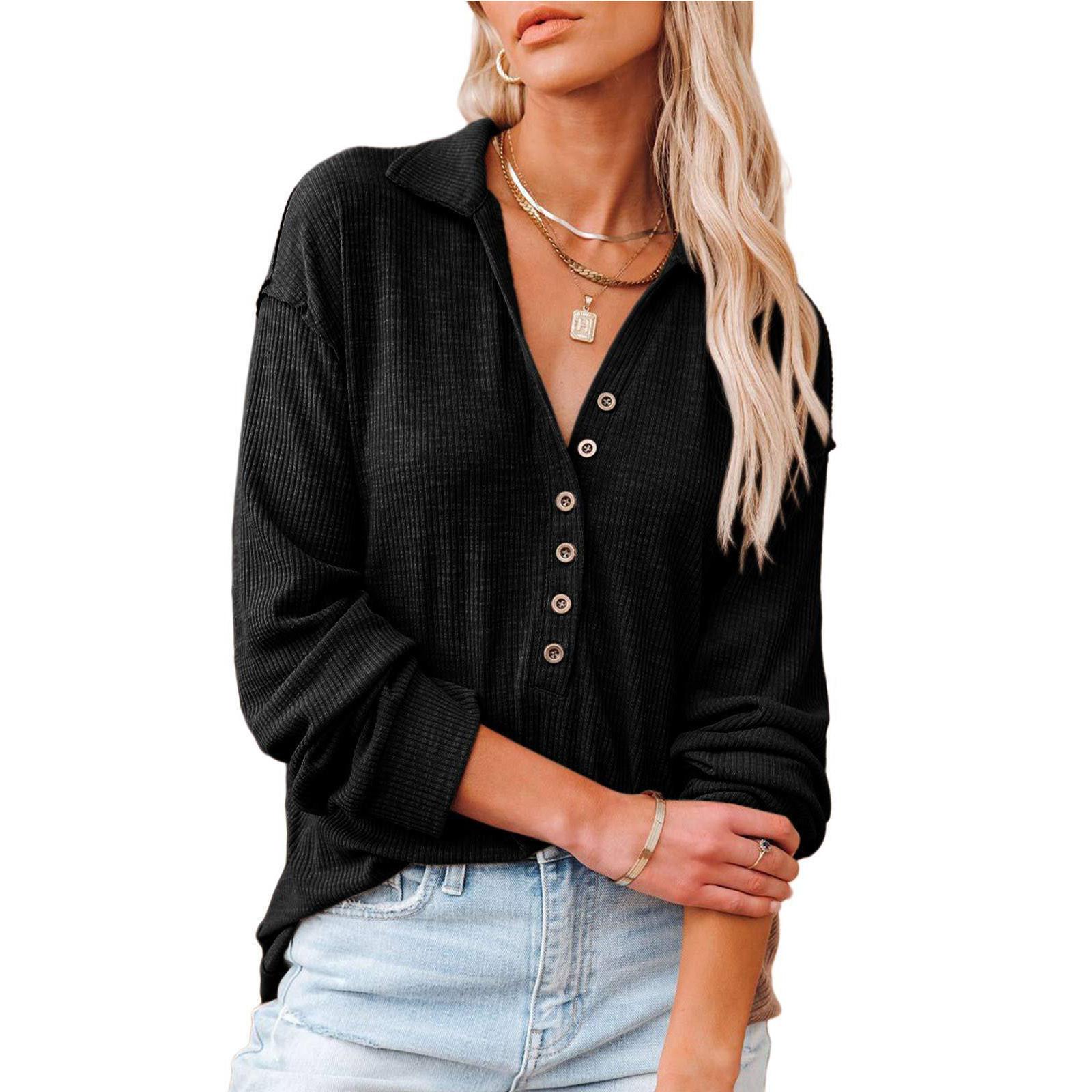 

Женский пуловер с v-образным вырезом и длинными рукавами, толстовка с лацканами и пуговицами, свитер, блузка XXL чёрный