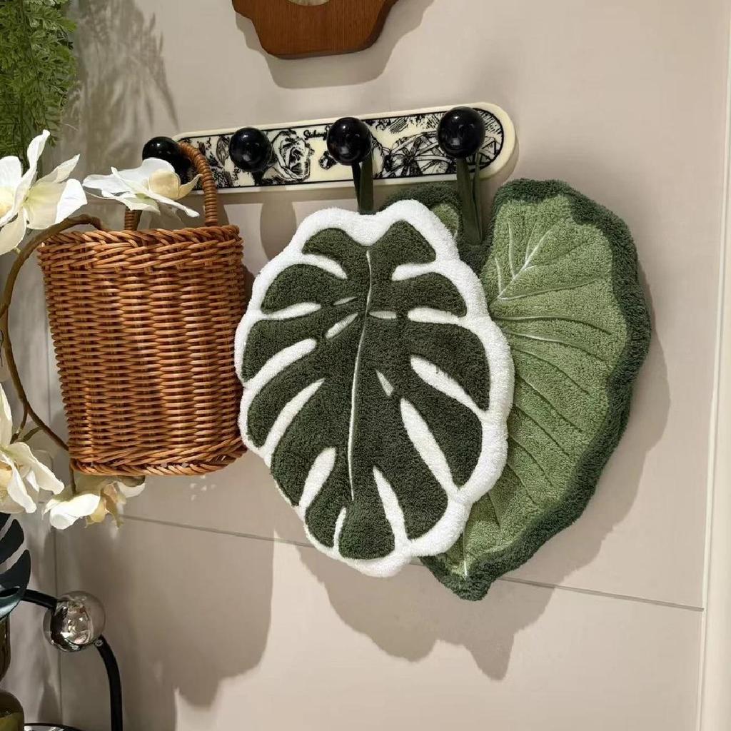 Monstera Leaf Wall-Mounted Hand Towel - Absorbent Coral Fleece for Bathroom & Kitchen