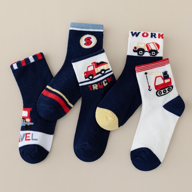 Boys Mid-Calf Socks With Cartoon Construction Vehicle Print Breathable Cotton Blend Kids Ages 9M-13Y