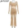BITCED Fall Women's Solid-Color Slim-Fit High-Waisted Fashion O-Neck Long-Sleeve Mesh Dress
