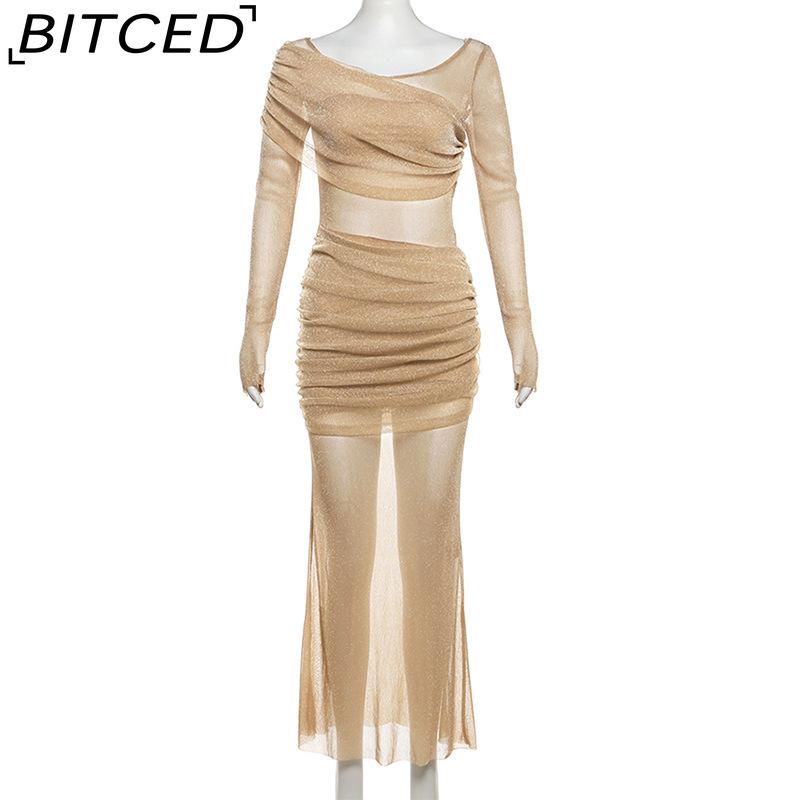 BITCED Fall Women's Solid-Color Slim-Fit High-Waisted Fashion O-Neck Long-Sleeve Mesh Dress