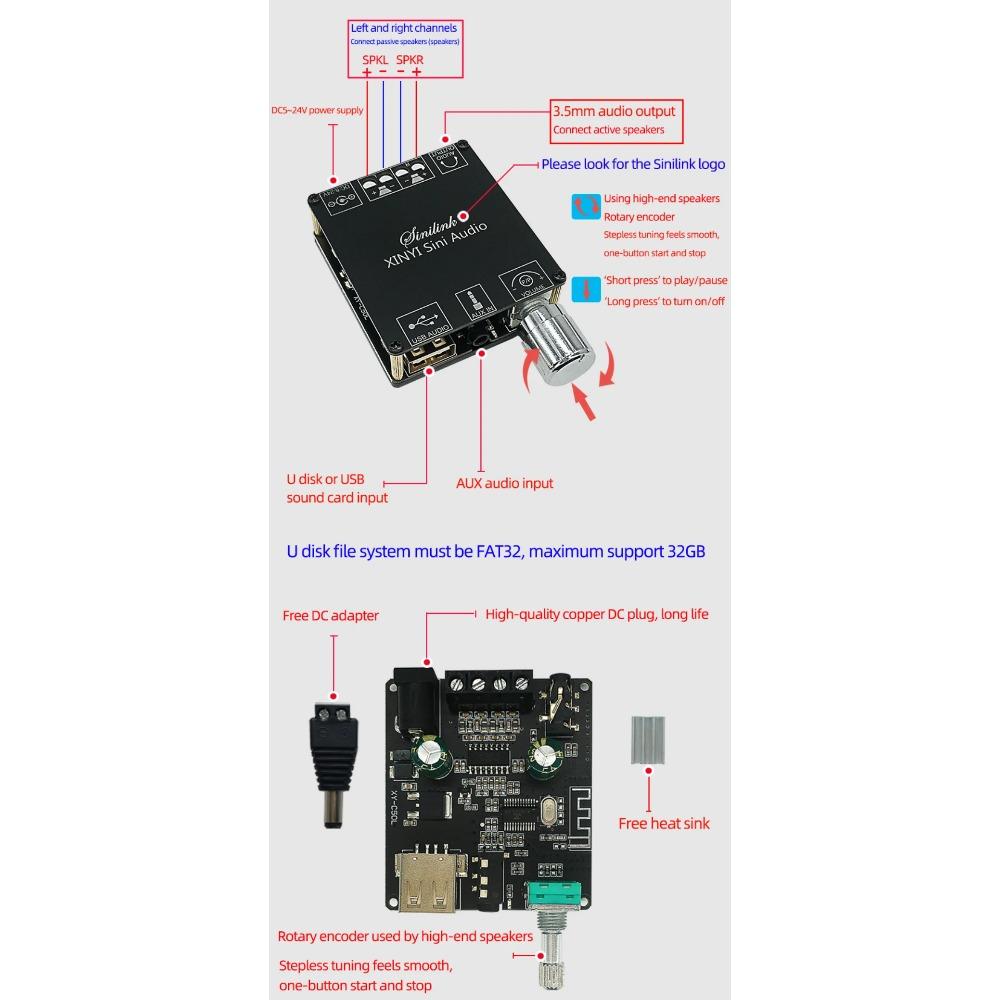 2*50W Bluetooth 5.0 Power Amplifier Class D Audio 10W~200W HiFi Stereo Wireless Music Player Mini USB Sound Card App Digital AMP