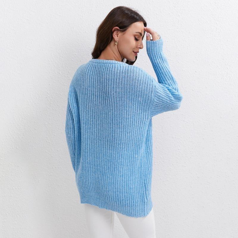 European American Solid Color Crew Neck Sweater Women's Autumn Winter New Loose Long-sleeved Pullover Sweater