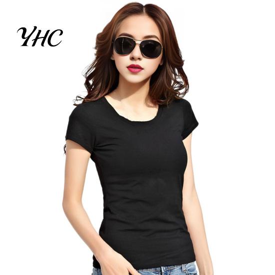 Round Neck Tee Women Summer T-shirt V-neck Short Sleeve Slim Fit Shirt Solid Color Pullover Tops Stretchy Bottoming Streetwear