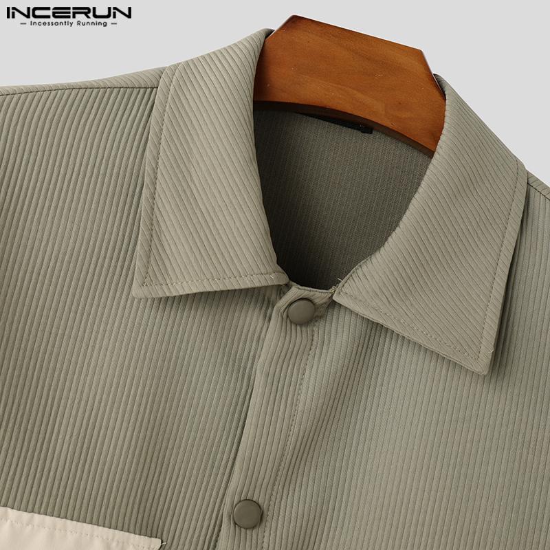 INCERUN Oversized Spring Men Long Sleeve Lapel Patchwork Buttons Up Texture Shirts