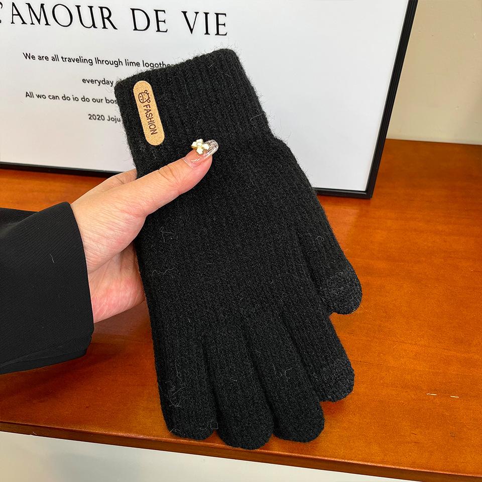 Women's Knitted Warm Gloves Thickened Plush Solid Color Simple Cycling Touch Screen Gloves