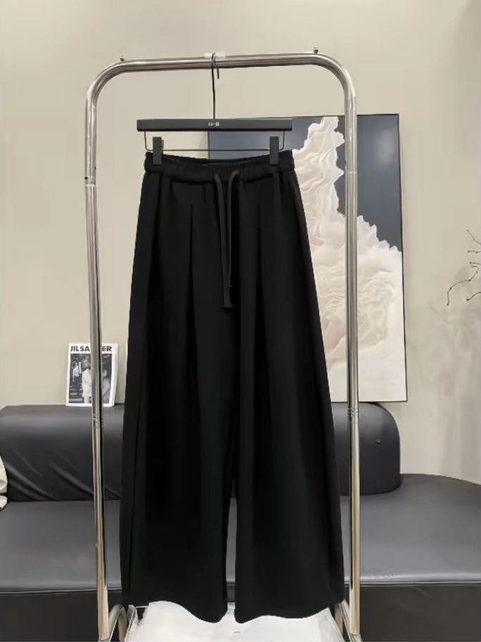 New Spring Gray Elastic High Waist Drawstring Sweatpants for Women - Loose Fit, Versatile, Slimming Wide Leg Design