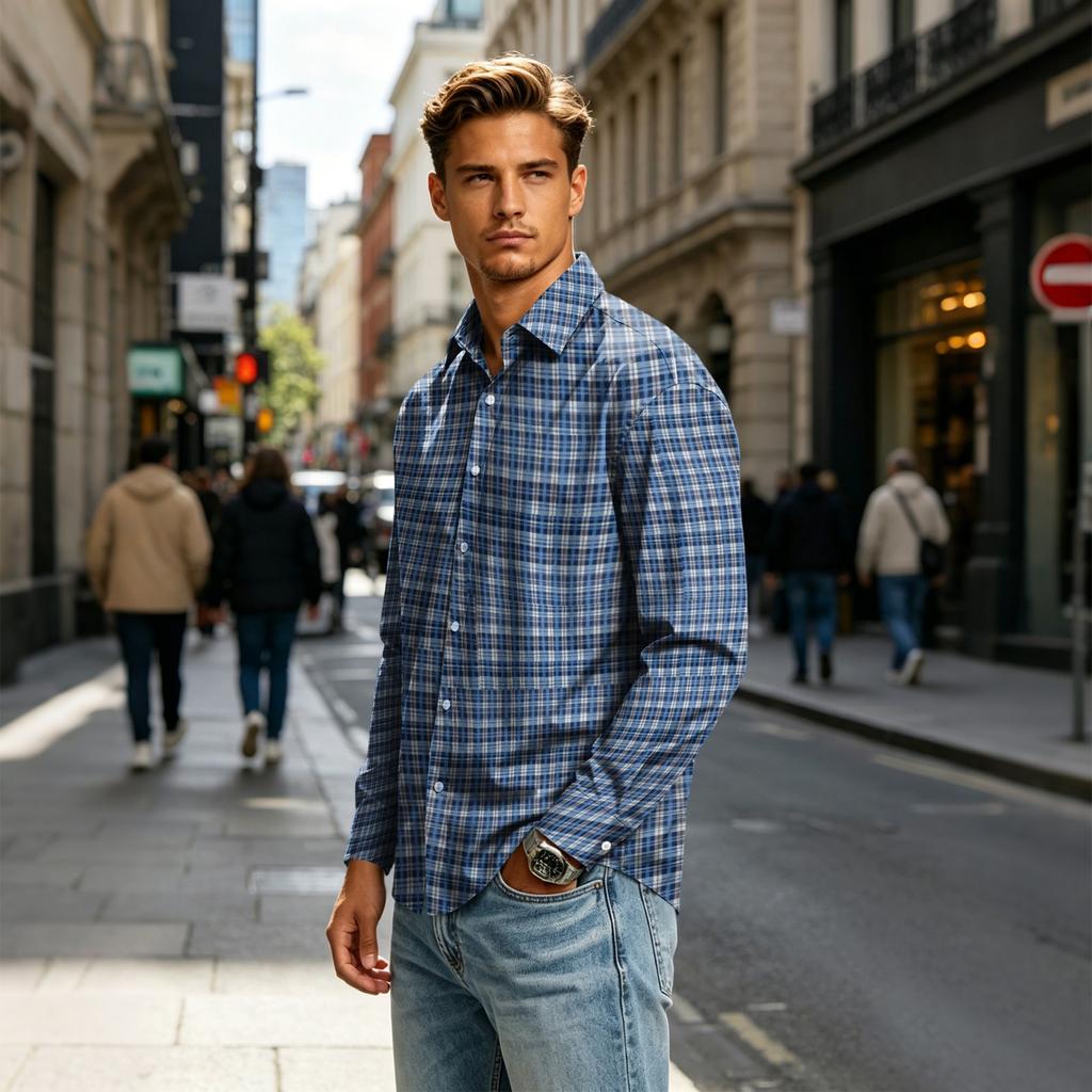 Men's Long Sleeve Plaid Button Down Shirt with Collar for Casual Everyday Wear