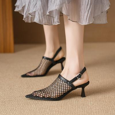 2024 Nueva Moda Sandalias de Tacón Alto para Mujer Cuero Genuino Calado Zapatos de Fiesta Mujer Tacones de Gatito Zapatos de Salón para Baile Zapatos de Oficina