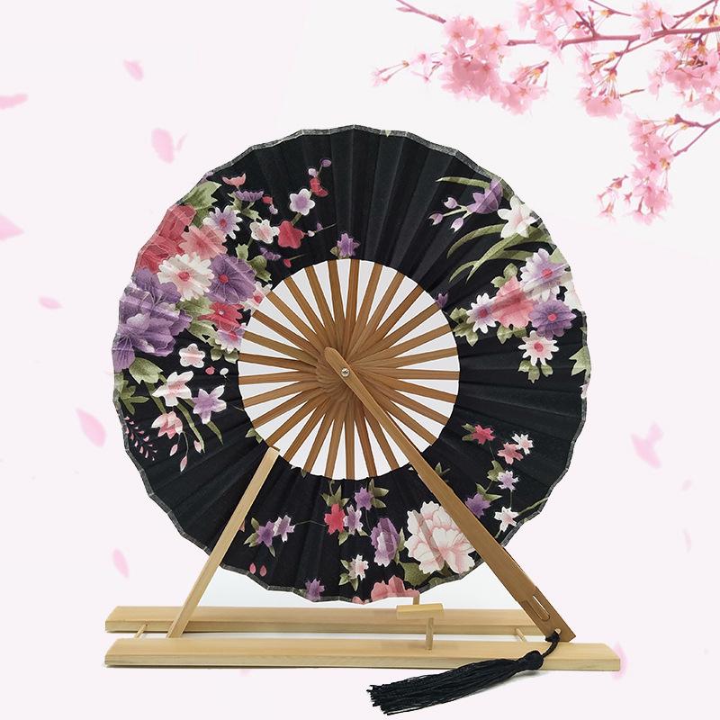 Japanese Sakura Flower Printed Fans Folding Fans Ancient Tassel Round Hand Fan Dance Performance Photo Prop Wedding Party Decor