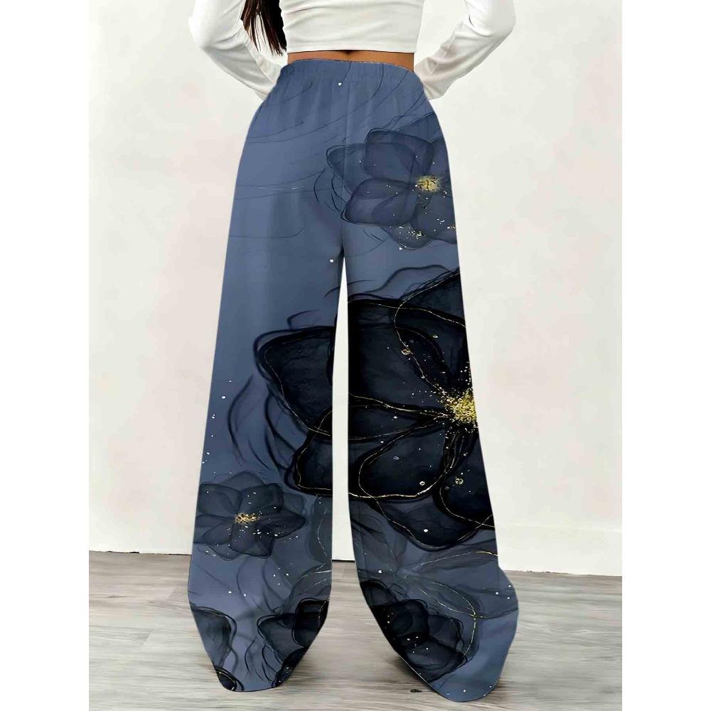 Women's floral printed wide-leg sweatpants, drawstring waist with elastic trousers, casual and comfortable home pants