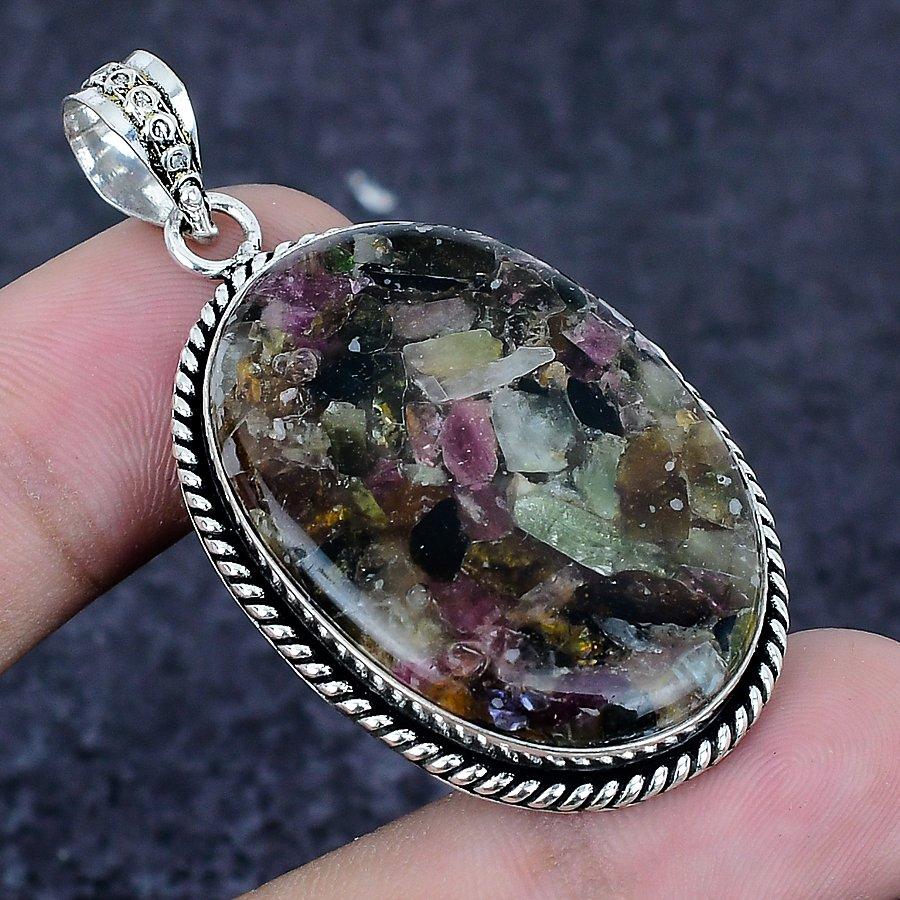 Watermelon Tourmaline Gemstone 925 Sterling Silver Jewelry Pendant 2.09"