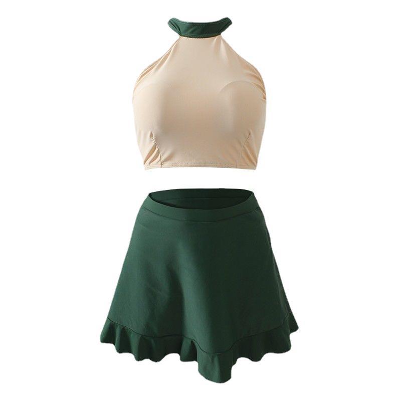 Ladies Fashion Sexy Two Pieces Solid Swimsuit Padded Lace Up Back Halterneck Top Ruffled Skirt Swimwear Set Women High Waisted Tankini Bathing Suit
