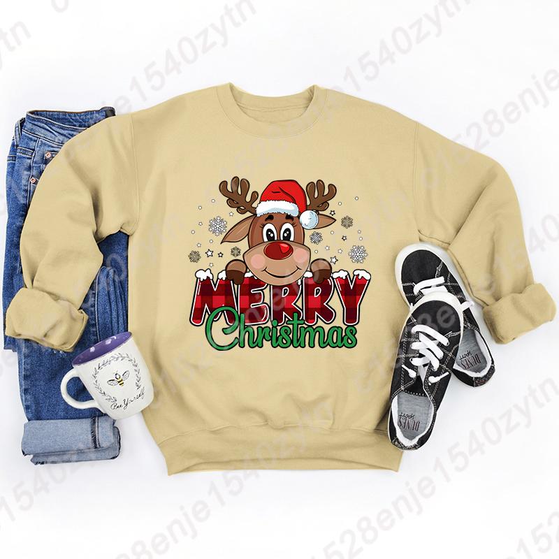 Women's Festive Christmas Reindeer & Plaid Graphic Sweatshirt, Casual Loose Fit, Long Sleeve, Crew Neck Sweatshirts for Winter