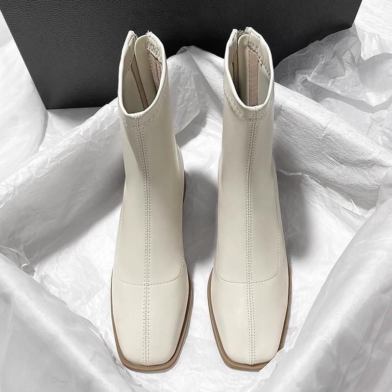 Cowhide~ Xiaoxiangfeng Skinny French Short Boots Women's Square Head Thick Heel Middle Heel Temperament Boots Niche Design British Style