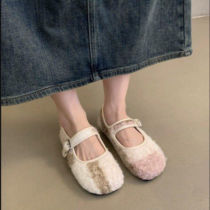 Fairy Fluffy Shoes Female Winter Wear 2025 New Korean Version of High-end Color Matching and Velvet Warm Flat Mary Jane Shoes