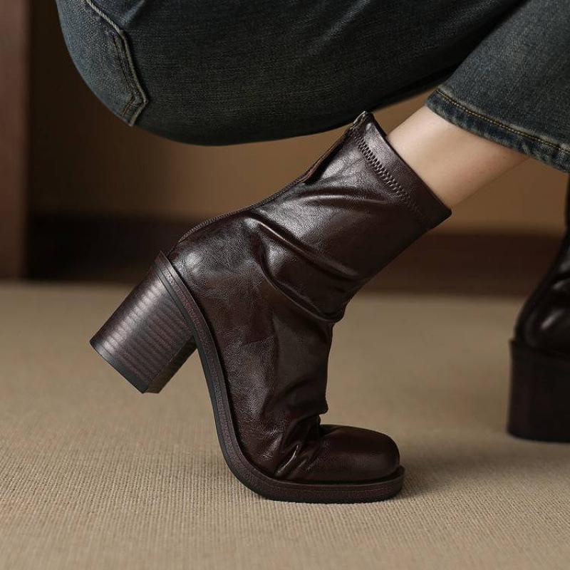 Autumn and Winter Women's High-heeled Leather Boots Solid Color Rubber Sole Versatile Martin Boots Rear Zipper Square Heel Elastic Medium Boots Women