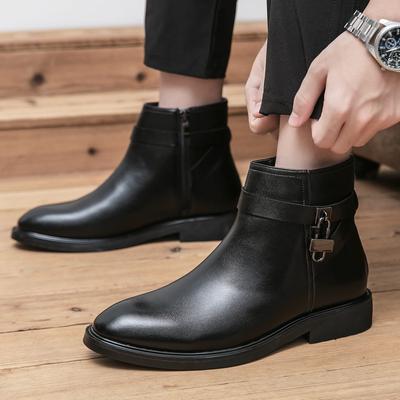 Módní Zimní Černé Kožené Boty Zip Chelsea Pánské Boty Silná Podrážka Designérský Trend Boty Módní Boty Formální Kožené Boty Vysoký Svršek